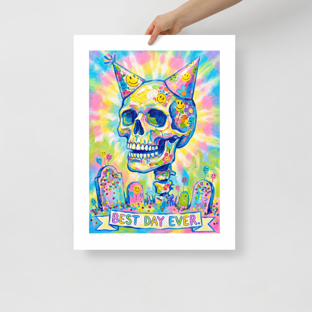 'Best Day Ever', Transgressive art wall art in yellow and hot pink. A vibrant impasto painting of a colorful skull with two party hats surrounded by confetti and tombstones above a banner reading Best Day Ever, ideal for a lively living room or game room.