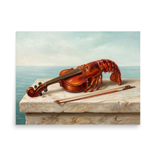 A witty surrealist oil painting of a violin morphed into a cooked lobster on a stone balustrade overlooking the sea, suited for a dining room. 'Allegro Salato', a Surrealism print for the wall.