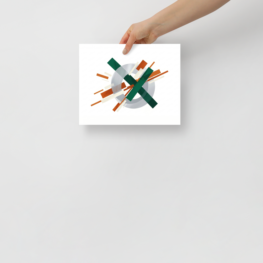 'Intersecting Perspectives' — a Suprematism print. An abstract painting of intersecting green and brown rectangular bars laid over a translucent gray circle, ideal for a modern Office.