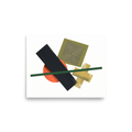 'The Geometry of Sound' — a Suprematism print. An abstract painting featuring a black rectangle, an orange circle, a green diagonal line, and a square with wavy lines, a unique focal point for a Studio.