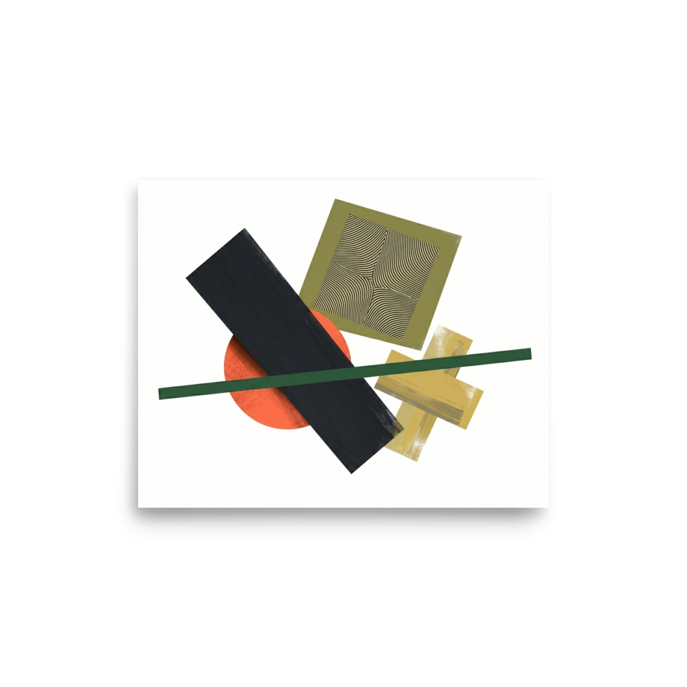 'The Geometry of Sound' — a Suprematism print. An abstract painting featuring a black rectangle, an orange circle, a green diagonal line, and a square with wavy lines, a unique focal point for a Studio.