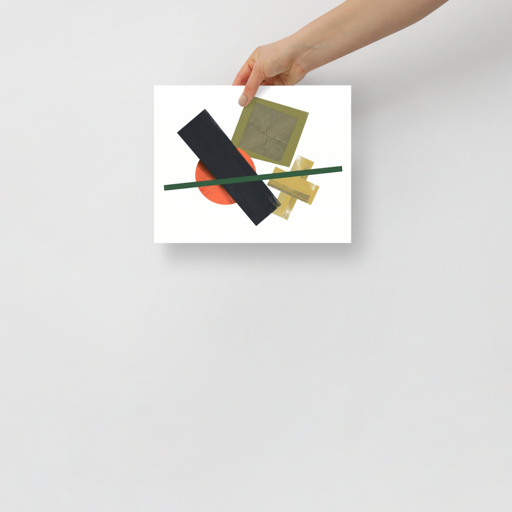 'The Geometry of Sound' — a Suprematism print. An abstract painting featuring a black rectangle, an orange circle, a green diagonal line, and a square with wavy lines, a unique focal point for a Studio.