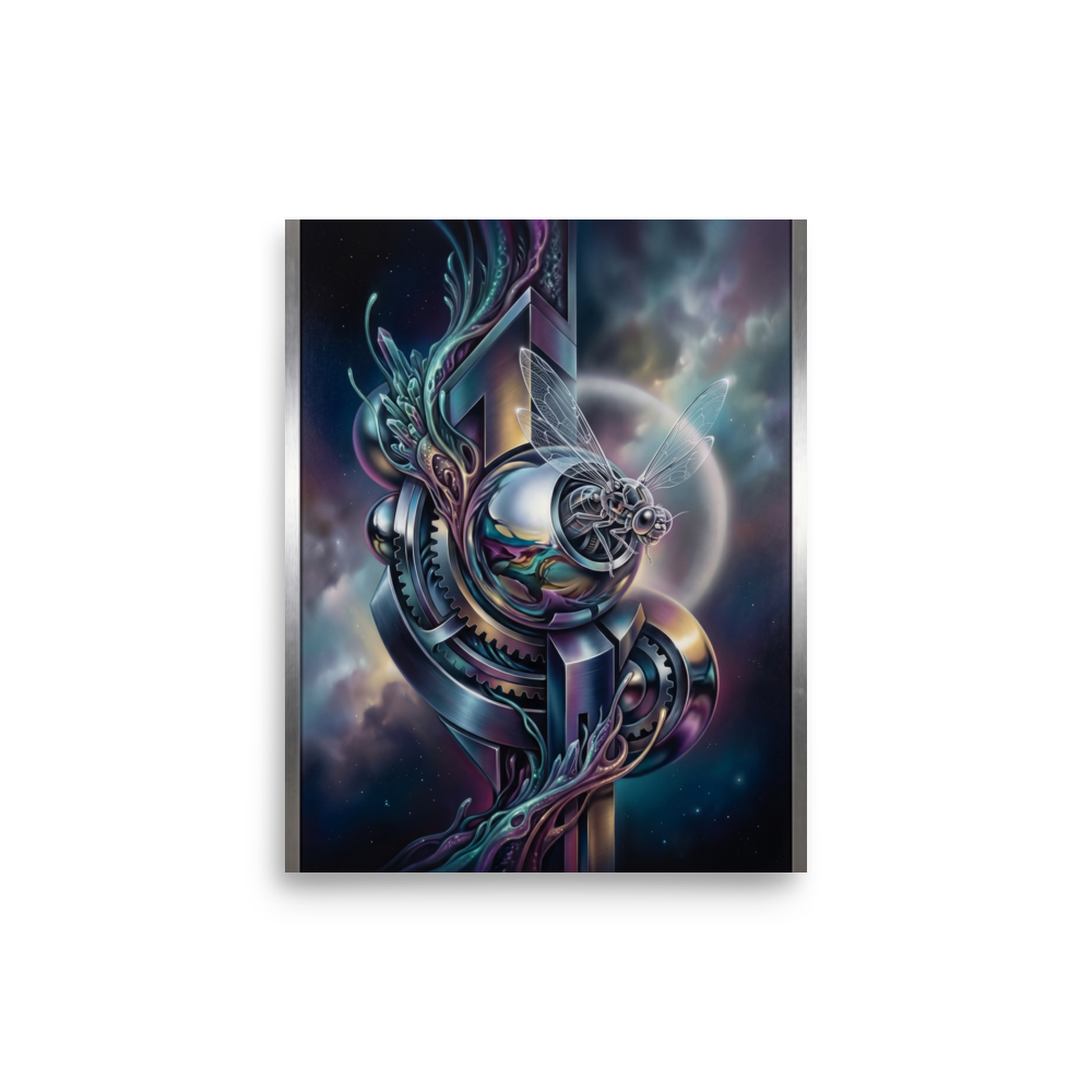 'The Clockwork Aviator' — a Surrealism print. A detailed mechanical insect with translucent wings perched on complex metallic gears floating in a colorful starry sky, an ideal piece for an Office.