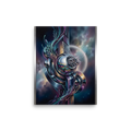 'The Clockwork Aviator' — a Surrealism print. A detailed mechanical insect with translucent wings perched on complex metallic gears floating in a colorful starry sky, an ideal piece for an Office.