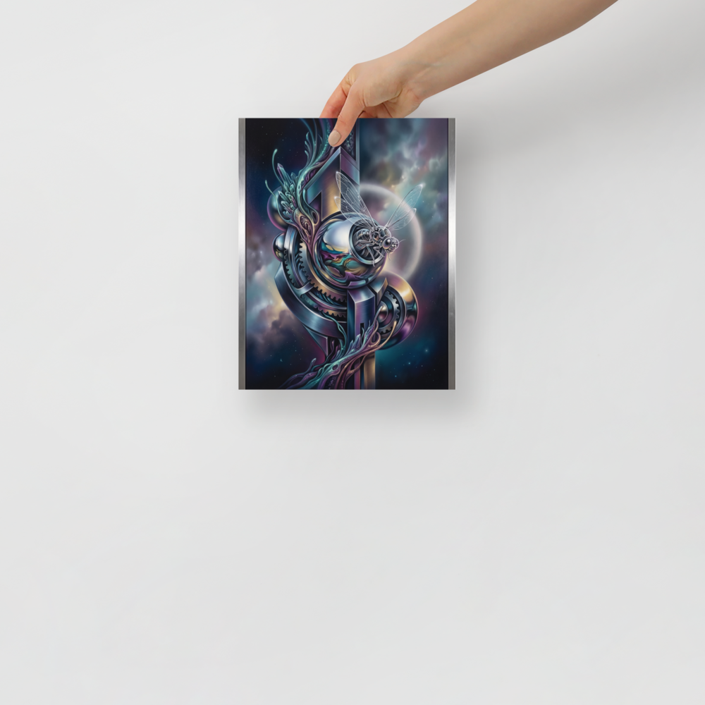 'The Clockwork Aviator' — a Surrealism print. A detailed mechanical insect with translucent wings perched on complex metallic gears floating in a colorful starry sky, an ideal piece for an Office.