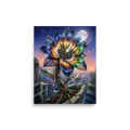 'Cybernetic Bloom' — a Digital art print. A large, glowing cybernetic flower with metallic petals and circuitry blooming out of concrete ruins in a futuristic city, perfect for a Game Room.