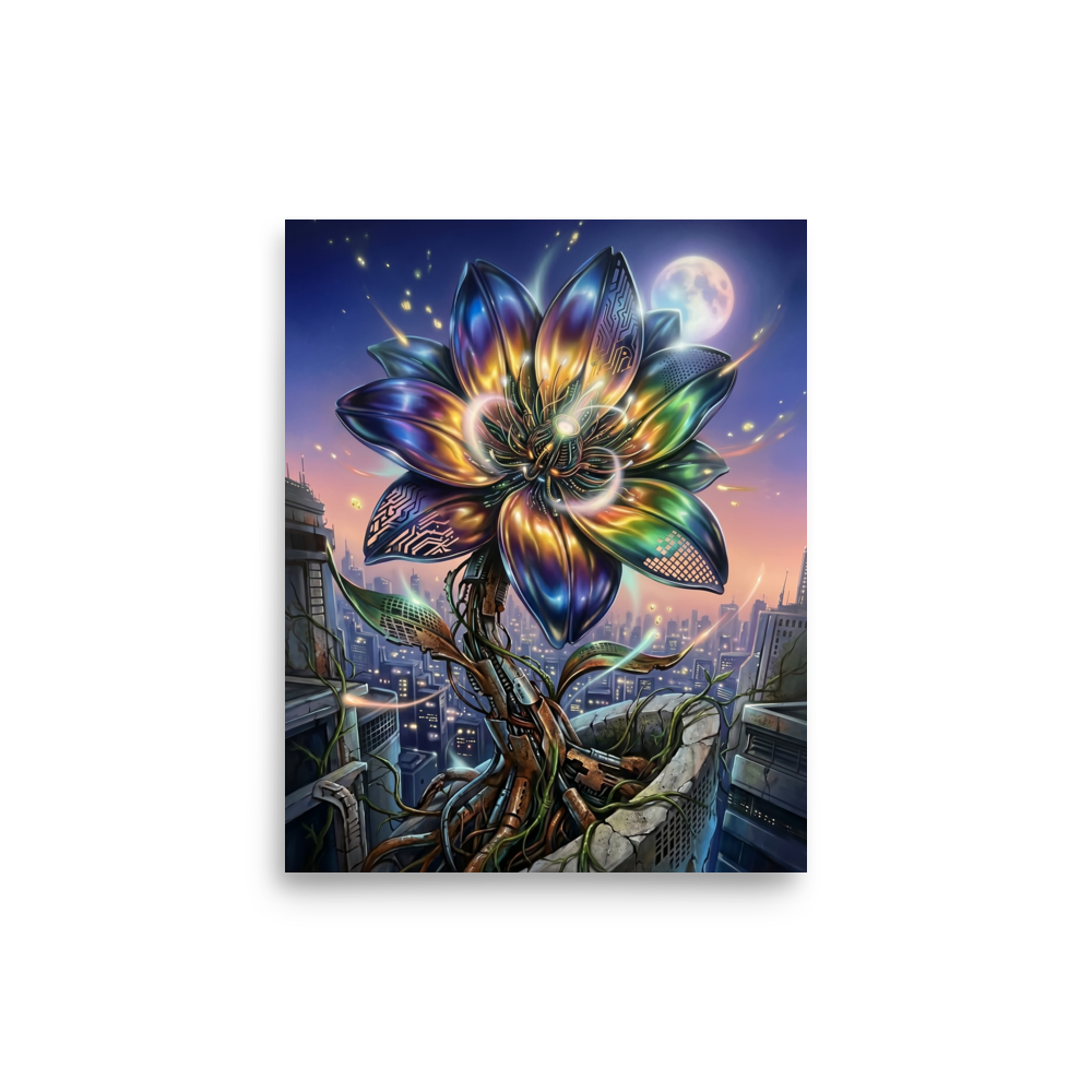 'Cybernetic Bloom' — a Digital art print. A large, glowing cybernetic flower with metallic petals and circuitry blooming out of concrete ruins in a futuristic city, perfect for a Game Room.