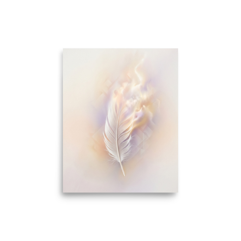 'Ethereal Plume' — a Abstract art print. A single white feather seemingly floating against a soft, luminous background of pastel orange and purple with faint geometric patterns, perfect for a peaceful bedroom.