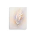 'Ethereal Plume' — a Abstract art print. A single white feather seemingly floating against a soft, luminous background of pastel orange and purple with faint geometric patterns, perfect for a peaceful bedroom.