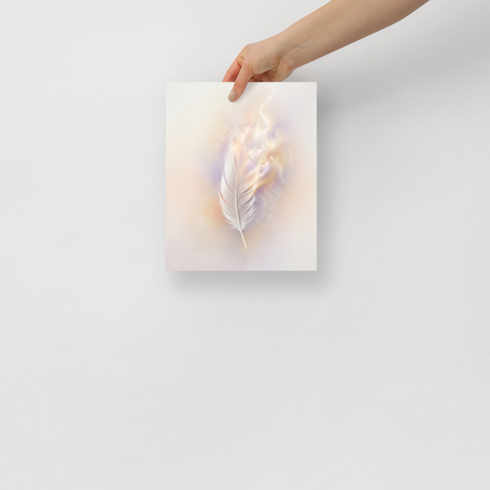 'Ethereal Plume' — a Abstract art print. A single white feather seemingly floating against a soft, luminous background of pastel orange and purple with faint geometric patterns, perfect for a peaceful bedroom.