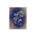 'Sands of the Nebula' — a Magic realism print. A magical brass hourglass filled with a swirling galaxy, surrounded by glowing orchids and jellyfish in a starry sky, ideal for a Bedroom.