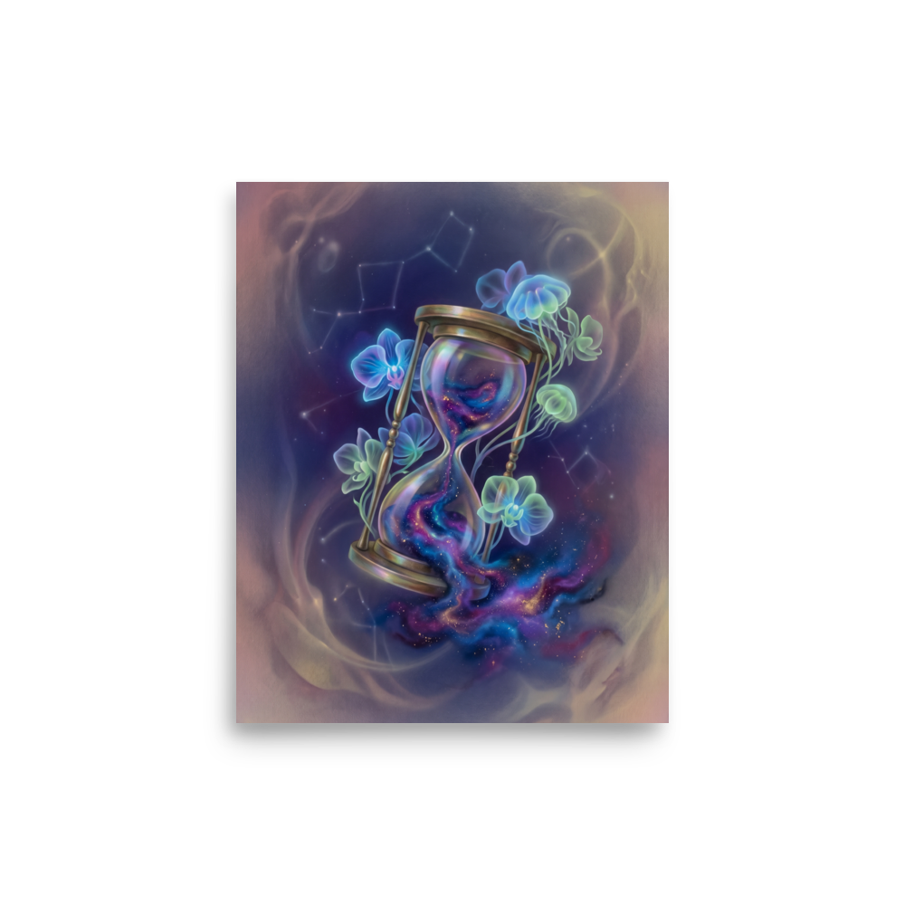 'Sands of the Nebula' — a Magic realism print. A magical brass hourglass filled with a swirling galaxy, surrounded by glowing orchids and jellyfish in a starry sky, ideal for a Bedroom.