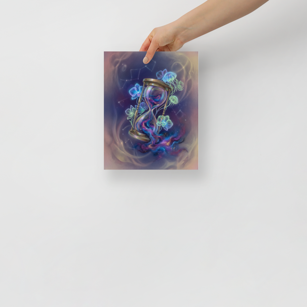 'Sands of the Nebula' — a Magic realism print. A magical brass hourglass filled with a swirling galaxy, surrounded by glowing orchids and jellyfish in a starry sky, ideal for a Bedroom.