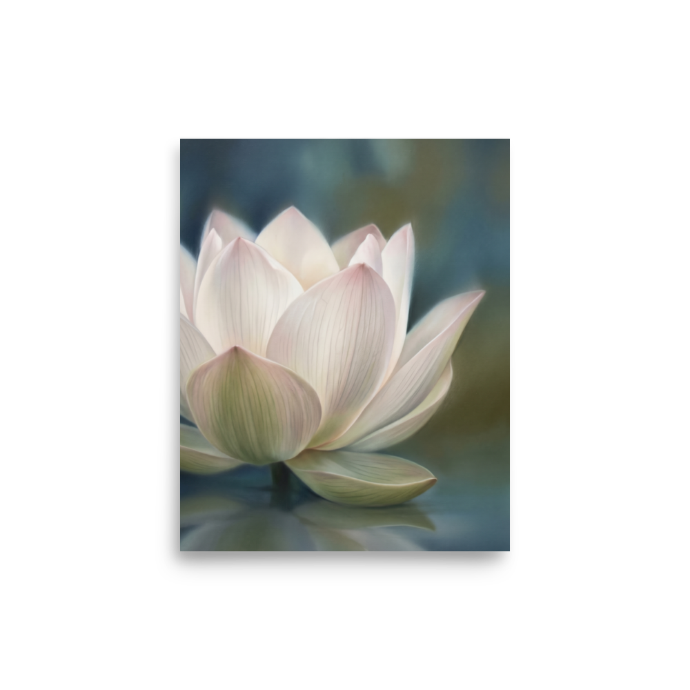 'Serene Lotus Reflection' — a Realism print. A soft, close-up painting of a pale pink and white lotus flower floating on calm, muted blue water, reflecting gently on the surface, suitable for a calm bathroom or living room.