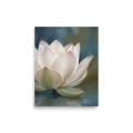 'Serene Lotus Reflection' — a Realism print. A soft, close-up painting of a pale pink and white lotus flower floating on calm, muted blue water, reflecting gently on the surface, suitable for a calm bathroom or living room.