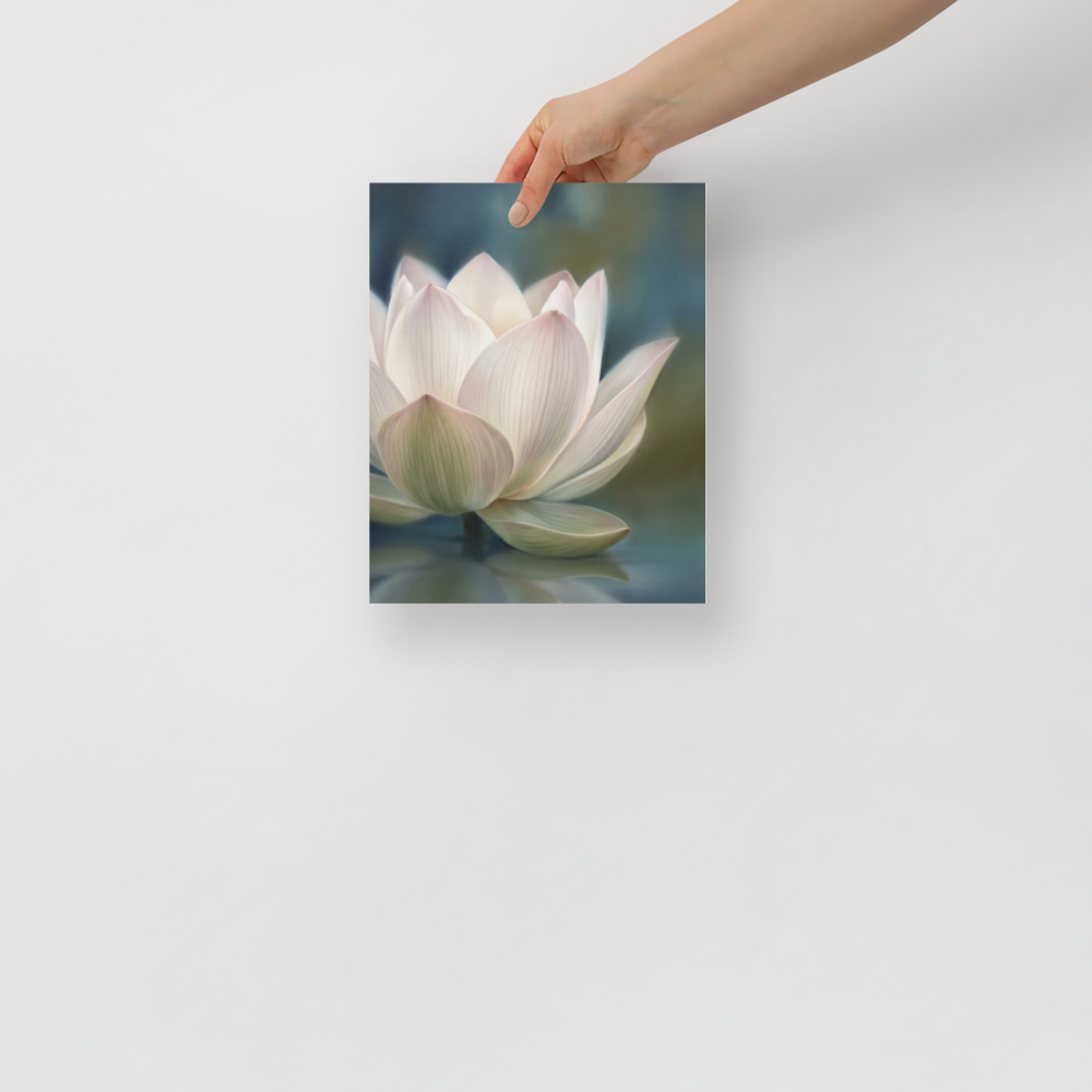'Serene Lotus Reflection' — a Realism print. A soft, close-up painting of a pale pink and white lotus flower floating on calm, muted blue water, reflecting gently on the surface, suitable for a calm bathroom or living room.