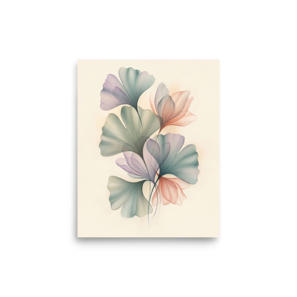 'Ethereal Ginkgo Whispers' — a Abstract art print. An elegant, translucent Airbrush illustration of ginkgo leaves overlapping in soft pastel colors, perfect for a peaceful Bedroom.