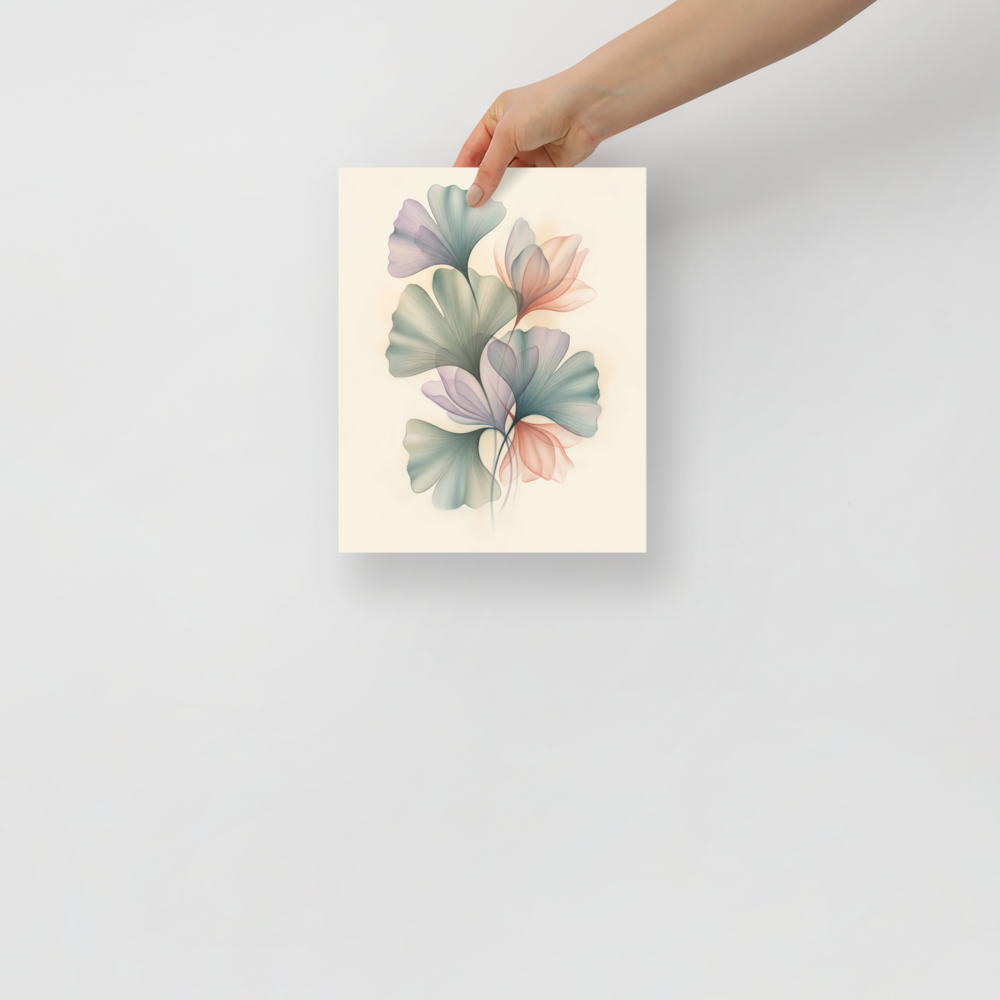 'Ethereal Ginkgo Whispers' — a Abstract art print. An elegant, translucent Airbrush illustration of ginkgo leaves overlapping in soft pastel colors, perfect for a peaceful Bedroom.