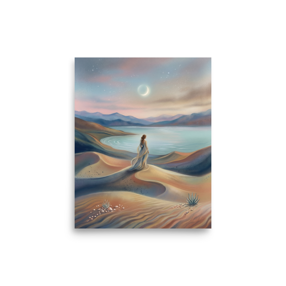 'Desert Moonrise' — a Magic realism print. A woman in a flowing dress standing on rolling sand dunes looking over a turquoise bay toward mountains under a twilight sky with a crescent moon.