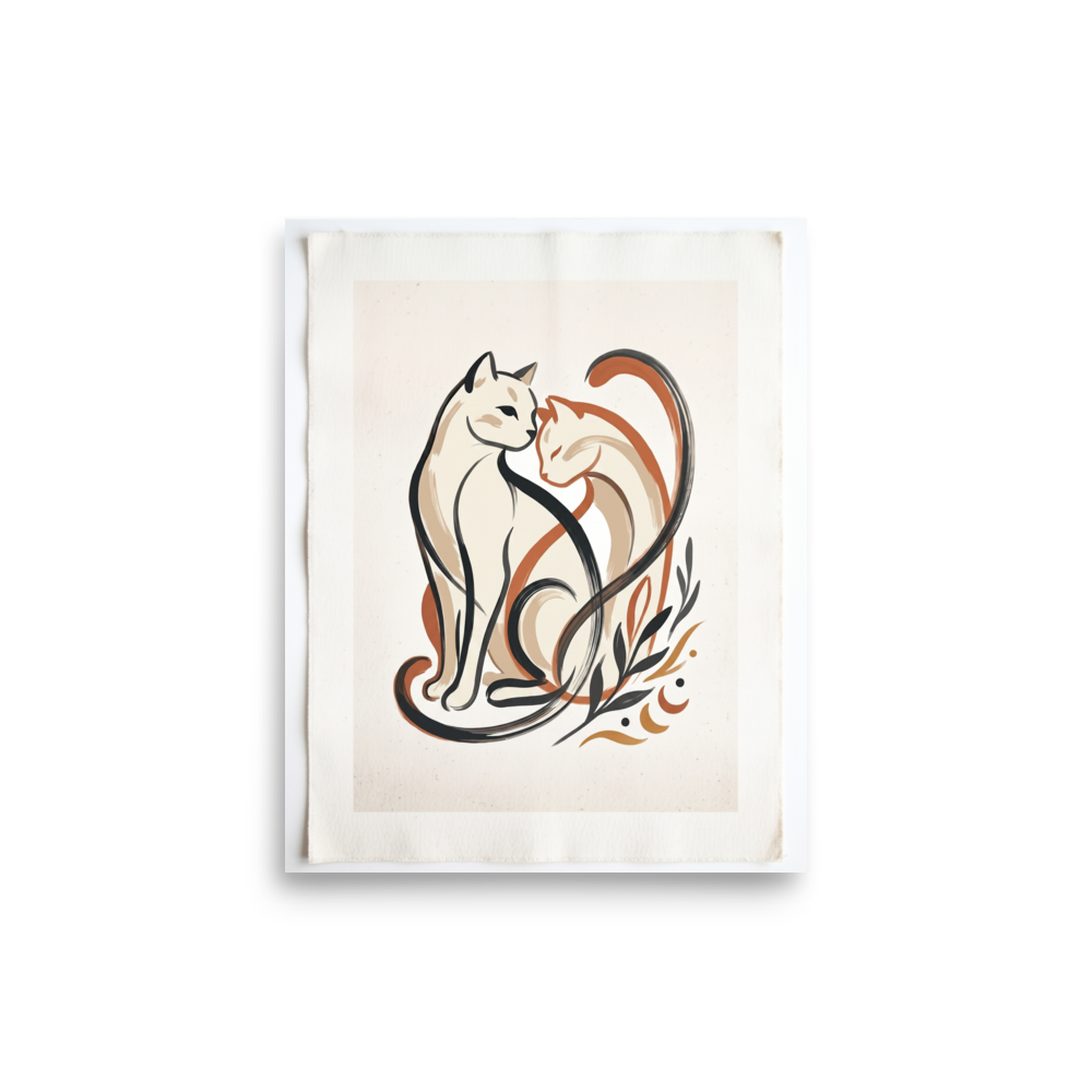 'Feline Affection' — a Minimalism,Abstract art print. A minimalist vector illustration of two cats intertwining lovingly in warm tones of cream, burnt orange, and dark charcoal, accompanied by simple botanical leaf motifs. Ideal for a cozy Nursery or Living Room.