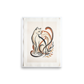 'Feline Affection' — a Minimalism,Abstract art print. A minimalist vector illustration of two cats intertwining lovingly in warm tones of cream, burnt orange, and dark charcoal, accompanied by simple botanical leaf motifs. Ideal for a cozy Nursery or Living Room.