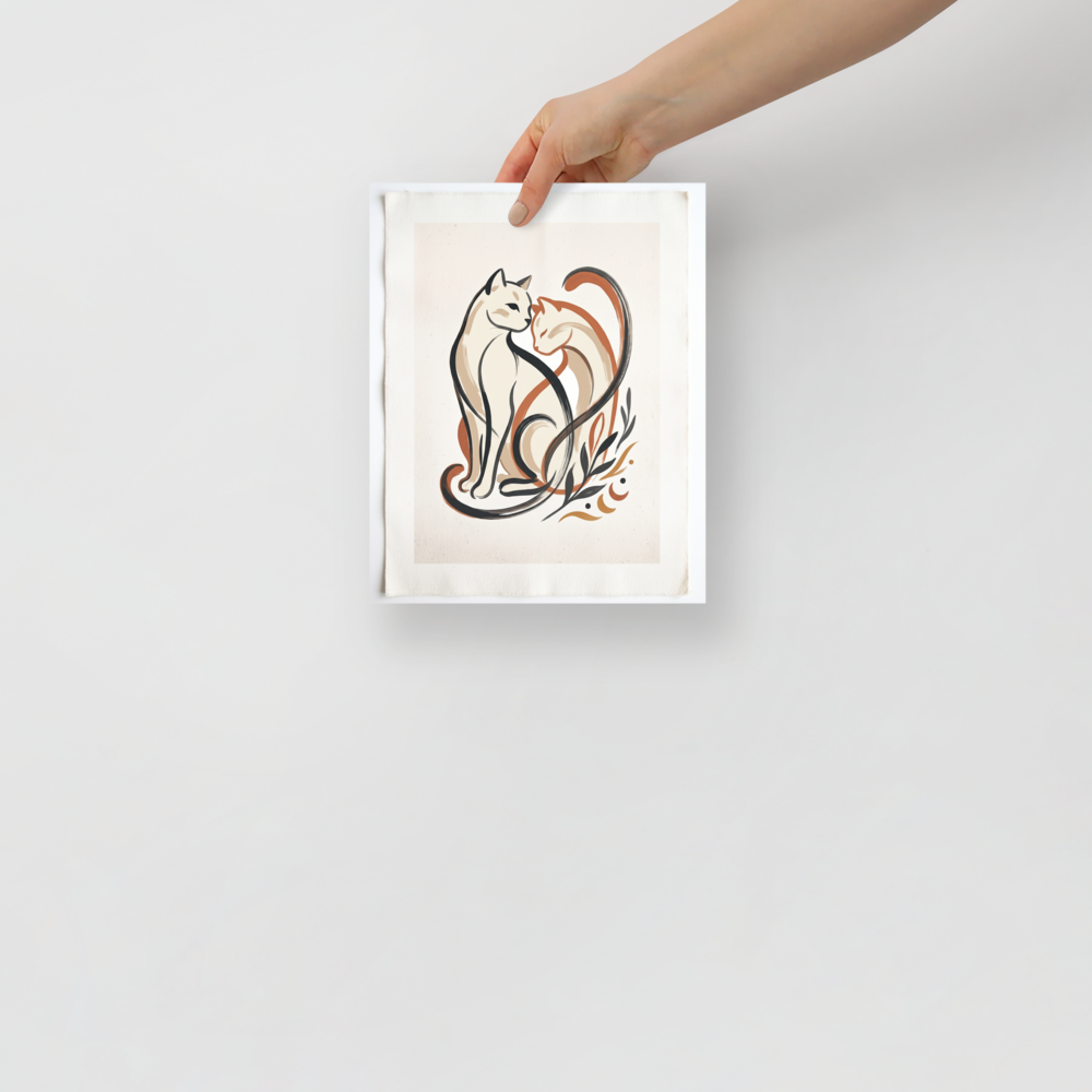 'Feline Affection' — a Minimalism,Abstract art print. A minimalist vector illustration of two cats intertwining lovingly in warm tones of cream, burnt orange, and dark charcoal, accompanied by simple botanical leaf motifs. Ideal for a cozy Nursery or Living Room.