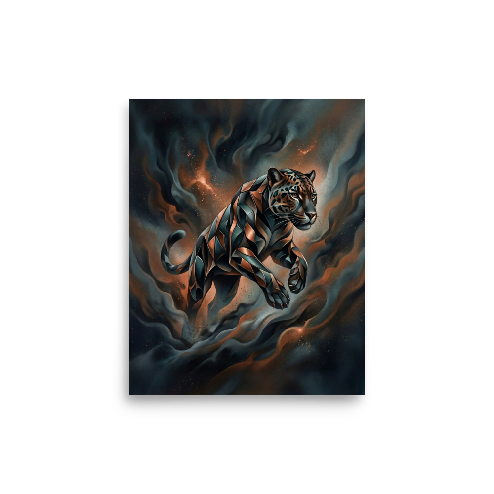 'Phantom Leap' — a Digital art print. A sleek, geometric panther leaping through dark teal and brown smoke in a modern digital art style, ideal for a living room.