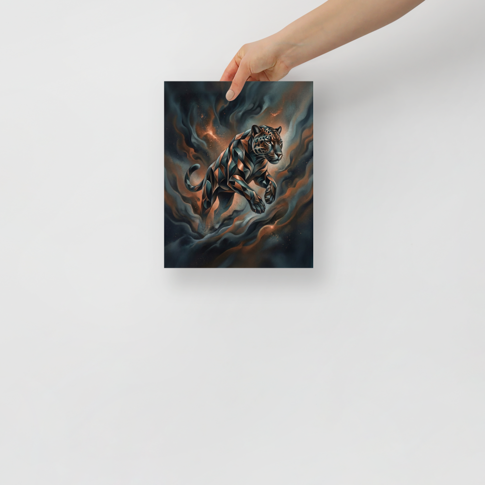 'Phantom Leap' — a Digital art print. A sleek, geometric panther leaping through dark teal and brown smoke in a modern digital art style, ideal for a living room.