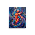 'Cosmic Pulse' — a Psychedelic art print. A glowing, abstract human figure swirling in vibrant neon pink, orange, and blue energy, suitable for a creative studio.