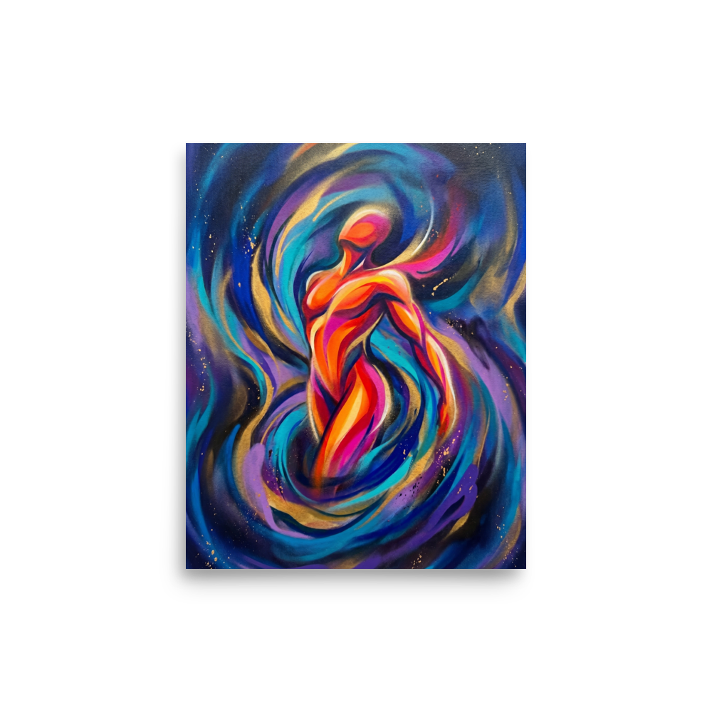 'Cosmic Pulse' — a Psychedelic art print. A glowing, abstract human figure swirling in vibrant neon pink, orange, and blue energy, suitable for a creative studio.