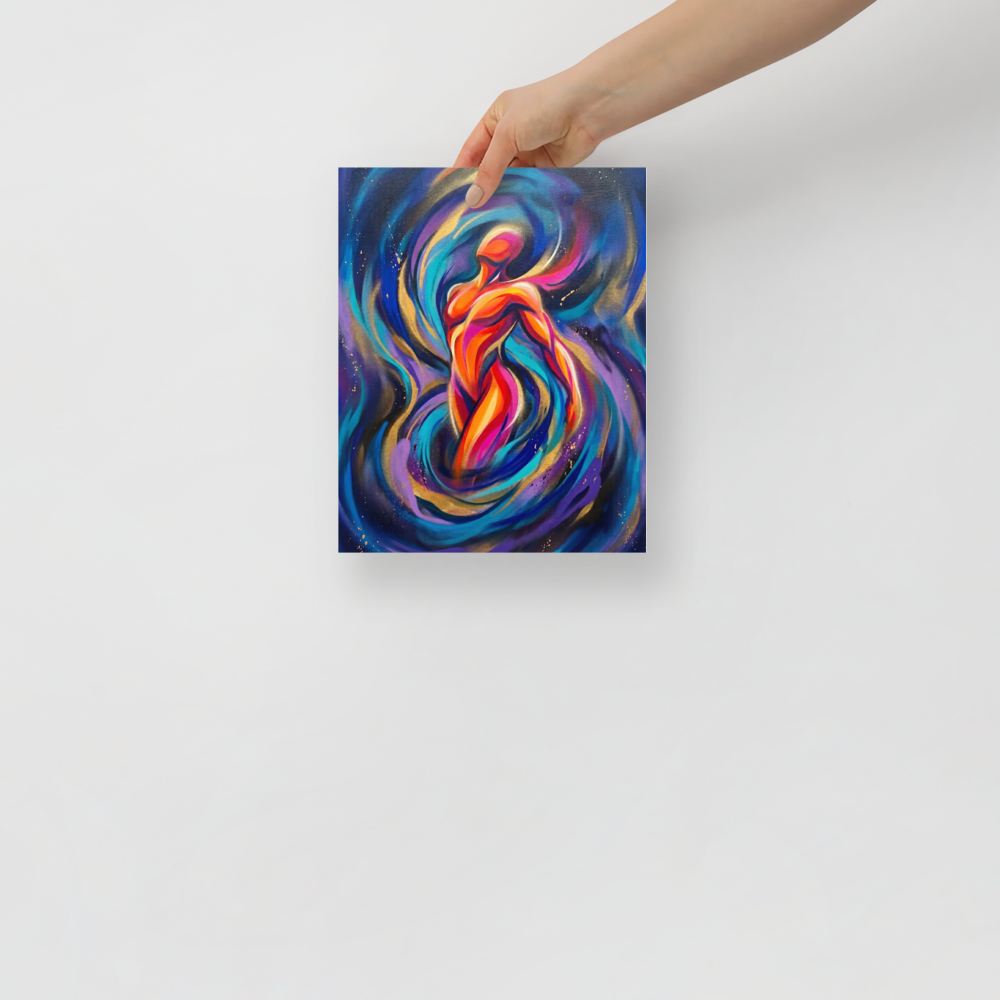 'Cosmic Pulse' — a Psychedelic art print. A glowing, abstract human figure swirling in vibrant neon pink, orange, and blue energy, suitable for a creative studio.
