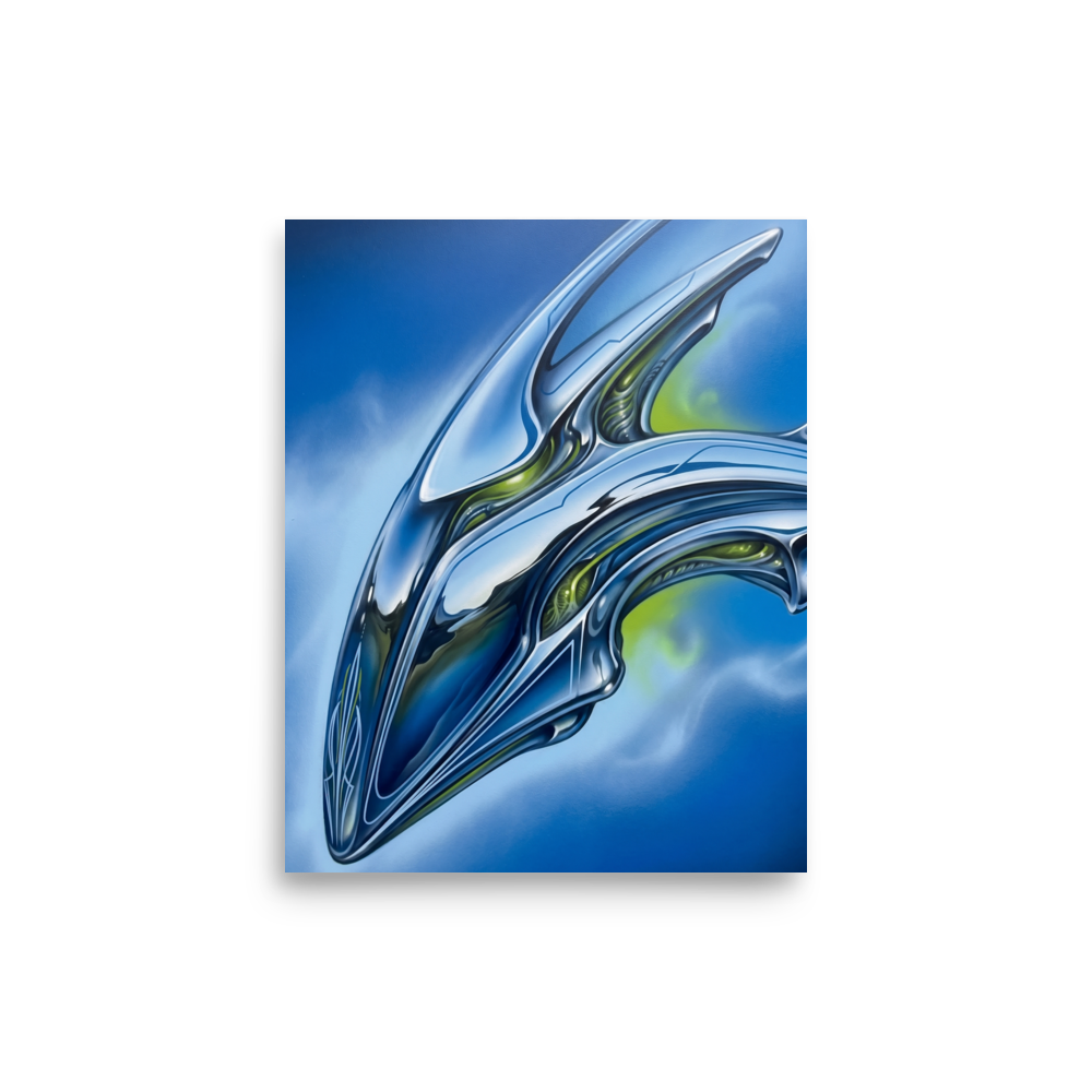 'Chrome Horizon' — a Retrofuturism print. A sleek, futuristic chrome biomechanical structure against a bright blue sky, perfect for a modern game room.