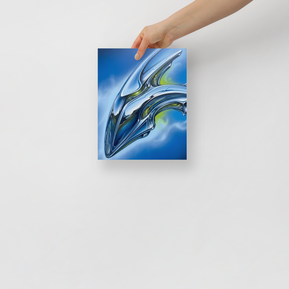 'Chrome Horizon' — a Retrofuturism print. A sleek, futuristic chrome biomechanical structure against a bright blue sky, perfect for a modern game room.