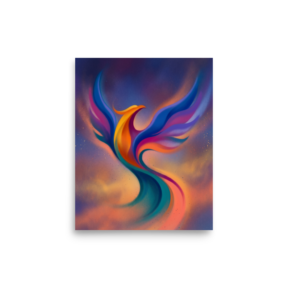 'Flight of Rebirth' — a Abstract art print. An abstract, colorful phoenix rising gracefully against a soft, misty background, ideal for a living room.