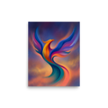 'Flight of Rebirth' — a Abstract art print. An abstract, colorful phoenix rising gracefully against a soft, misty background, ideal for a living room.