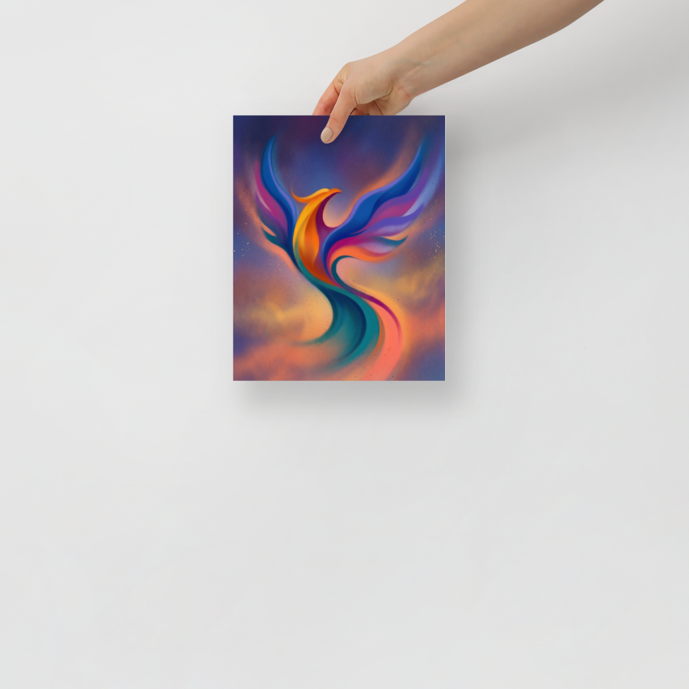 'Flight of Rebirth' — a Abstract art print. An abstract, colorful phoenix rising gracefully against a soft, misty background, ideal for a living room.