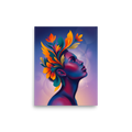 'Blossoming Thoughts' — a Surrealism print. A vibrant, surreal profile portrait of a woman with colorful floral shapes blooming from her mind, perfect for a creative studio.