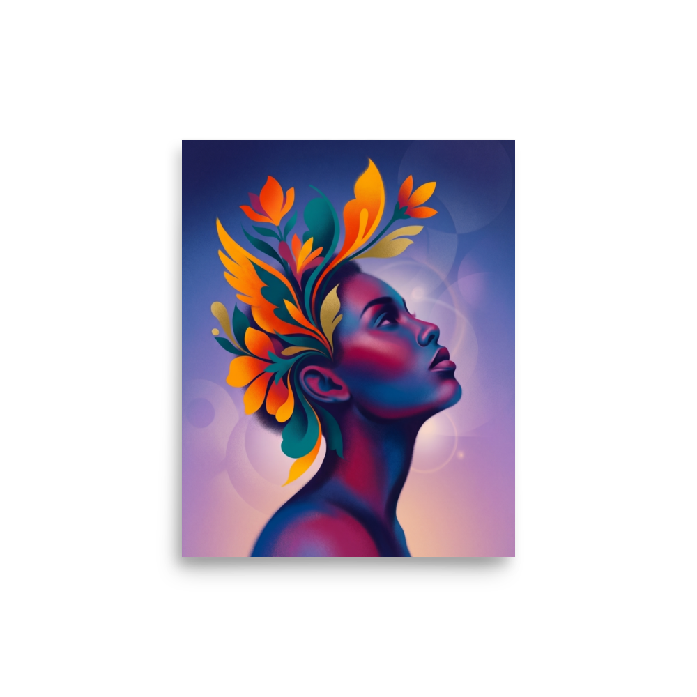 'Blossoming Thoughts' — a Surrealism print. A vibrant, surreal profile portrait of a woman with colorful floral shapes blooming from her mind, perfect for a creative studio.