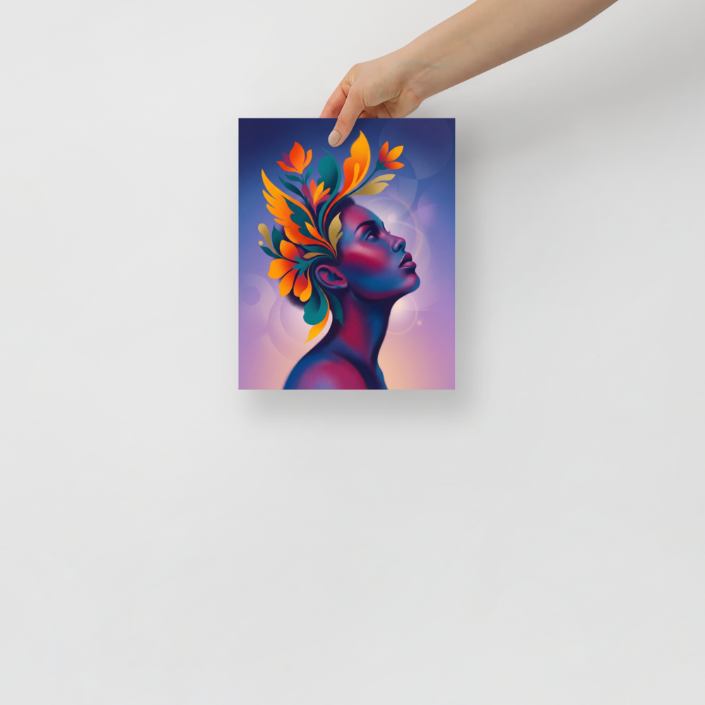 'Blossoming Thoughts' — a Surrealism print. A vibrant, surreal profile portrait of a woman with colorful floral shapes blooming from her mind, perfect for a creative studio.