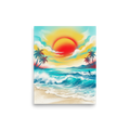 'Tropical Sunburst' — a Pop art print. A retro, airbrushed painting of a bright tropical sunset over crashing waves and palm trees, adding a lively touch to any sunroom.