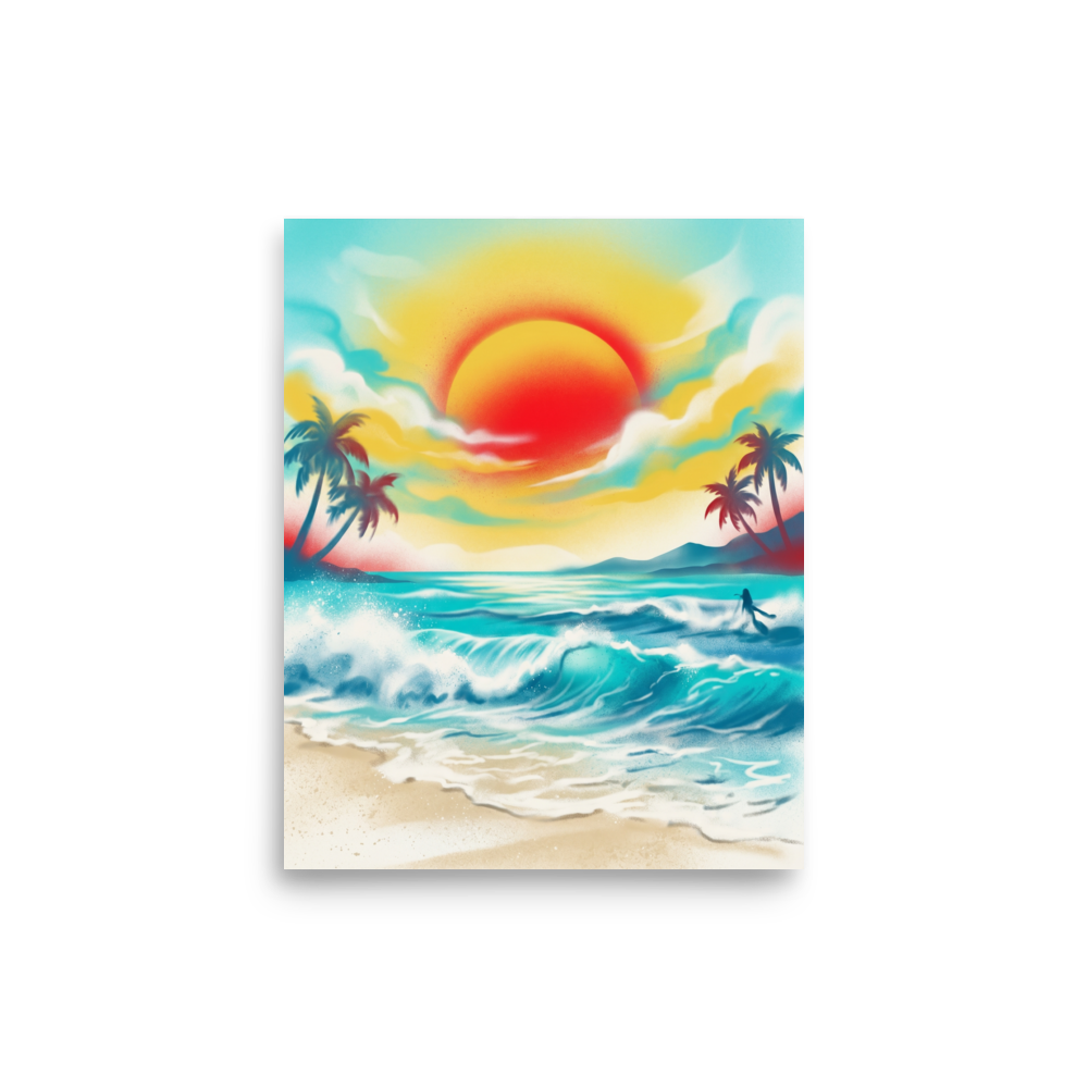 'Tropical Sunburst' — a Pop art print. A retro, airbrushed painting of a bright tropical sunset over crashing waves and palm trees, adding a lively touch to any sunroom.