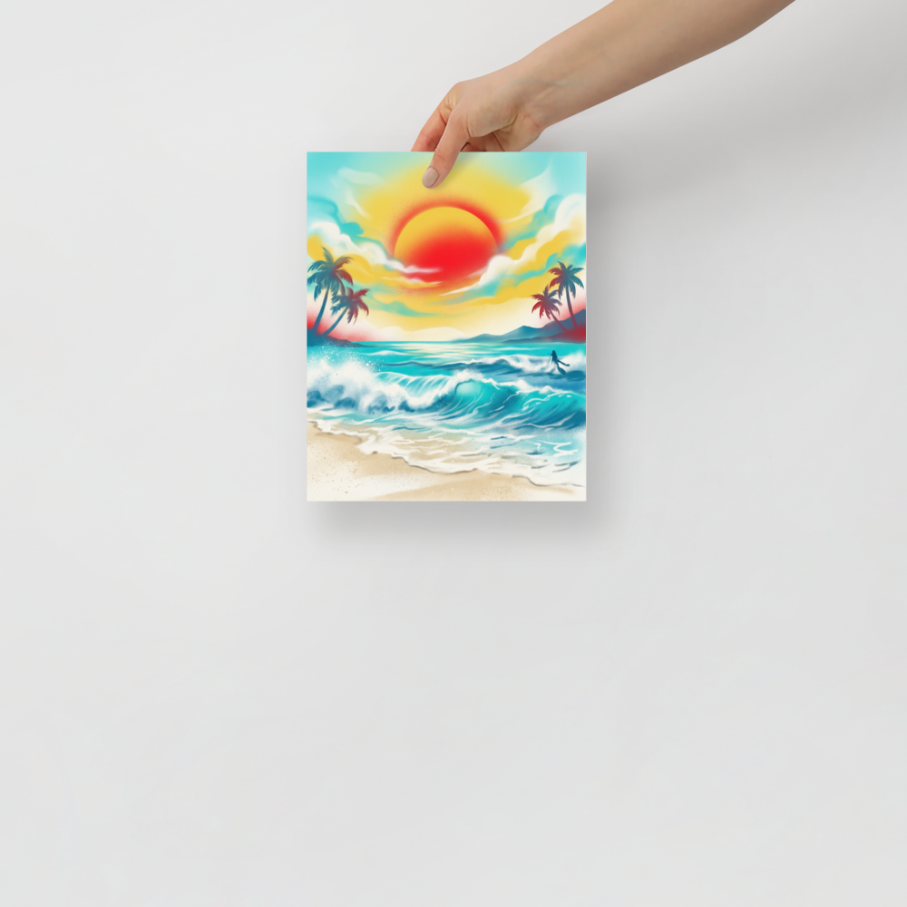 'Tropical Sunburst' — a Pop art print. A retro, airbrushed painting of a bright tropical sunset over crashing waves and palm trees, adding a lively touch to any sunroom.