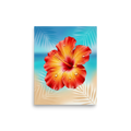 'Radiant Hibiscus' — a Realism print. A highly detailed close-up of a vibrant orange and red hibiscus flower with water droplets, bringing life to a Sunroom / Conservatory.