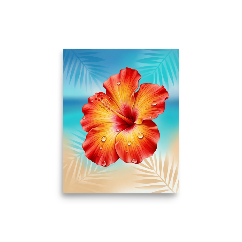 'Radiant Hibiscus' — a Realism print. A highly detailed close-up of a vibrant orange and red hibiscus flower with water droplets, bringing life to a Sunroom / Conservatory.