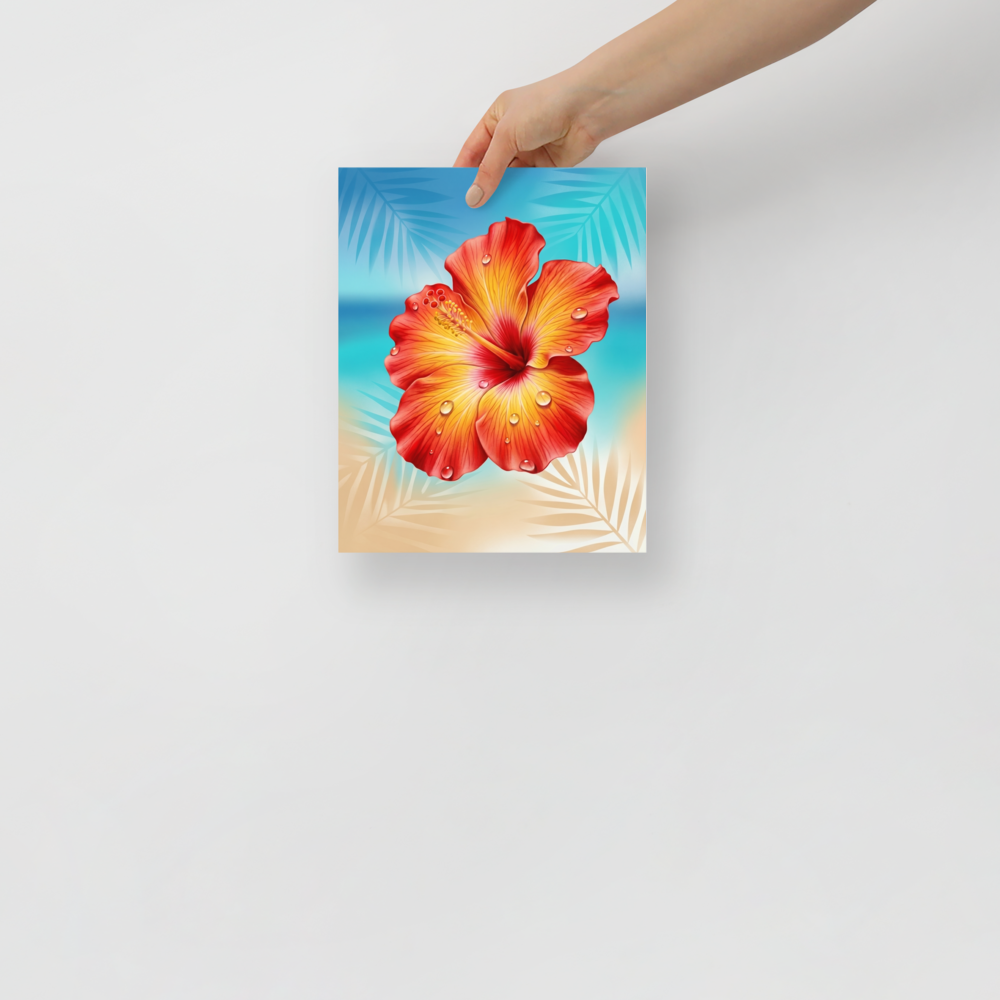 'Radiant Hibiscus' — a Realism print. A highly detailed close-up of a vibrant orange and red hibiscus flower with water droplets, bringing life to a Sunroom / Conservatory.