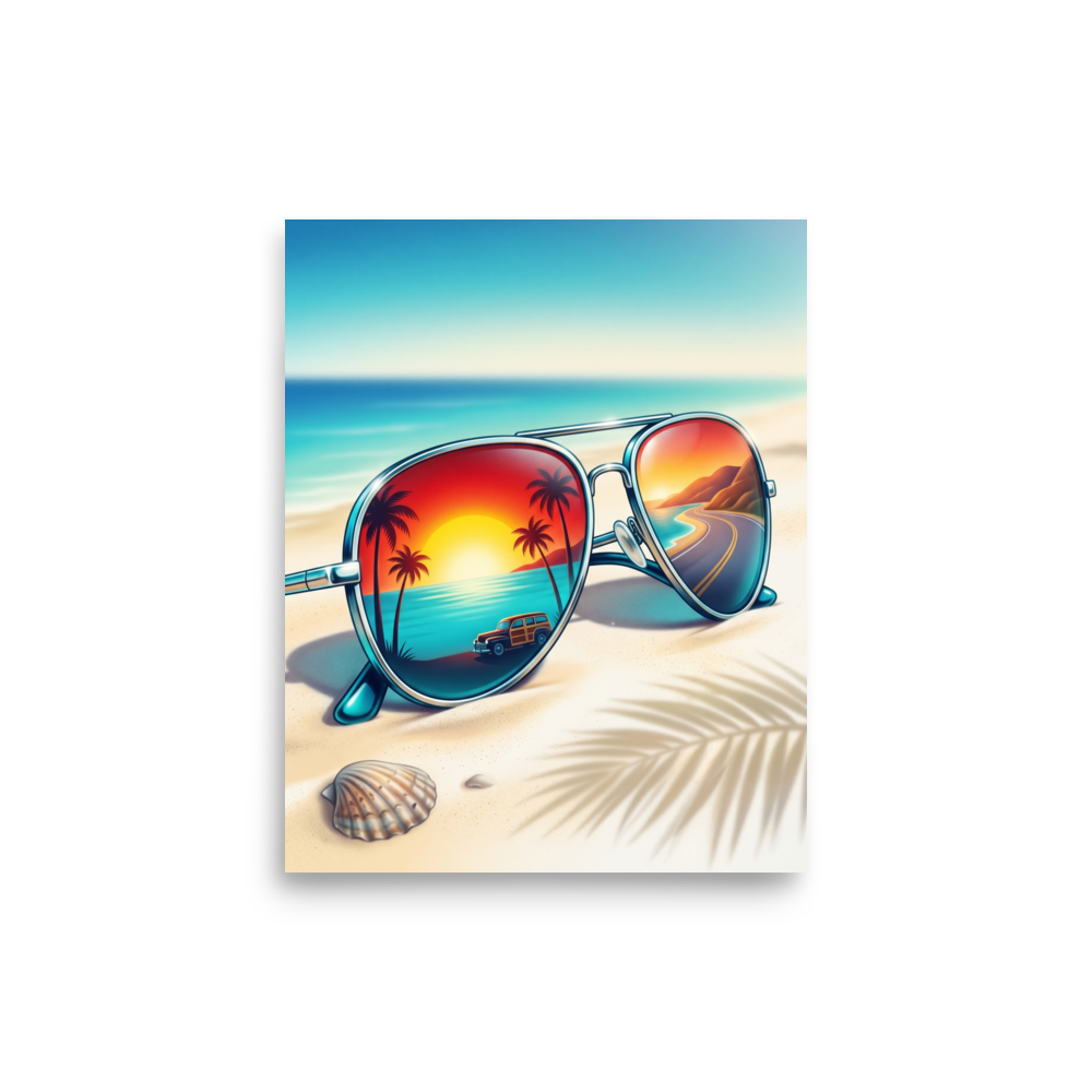 'Sunset Reflections' — a Photorealism print. Aviator sunglasses on a sandy beach, reflecting a vintage car driving along a coastal road at sunset, perfect for a game room.