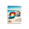 'Sunset Reflections' — a Photorealism print. Aviator sunglasses on a sandy beach, reflecting a vintage car driving along a coastal road at sunset, perfect for a game room.