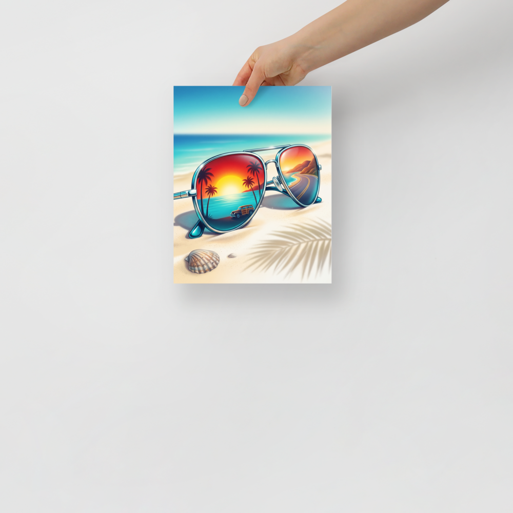 'Sunset Reflections' — a Photorealism print. Aviator sunglasses on a sandy beach, reflecting a vintage car driving along a coastal road at sunset, perfect for a game room.