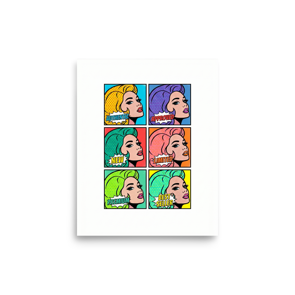 'The Six Faces of Consumerism' — a Pop art print. A pop art style grid of six colorful portraits of a woman with marketing buzzwords, perfect for adding a bright focal point to a Living Room.