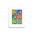 'The Six Faces of Consumerism' — a Pop art print. A pop art style grid of six colorful portraits of a woman with marketing buzzwords, perfect for adding a bright focal point to a Living Room.